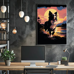 Running Dog at Sunset Shoreline Animal Poster