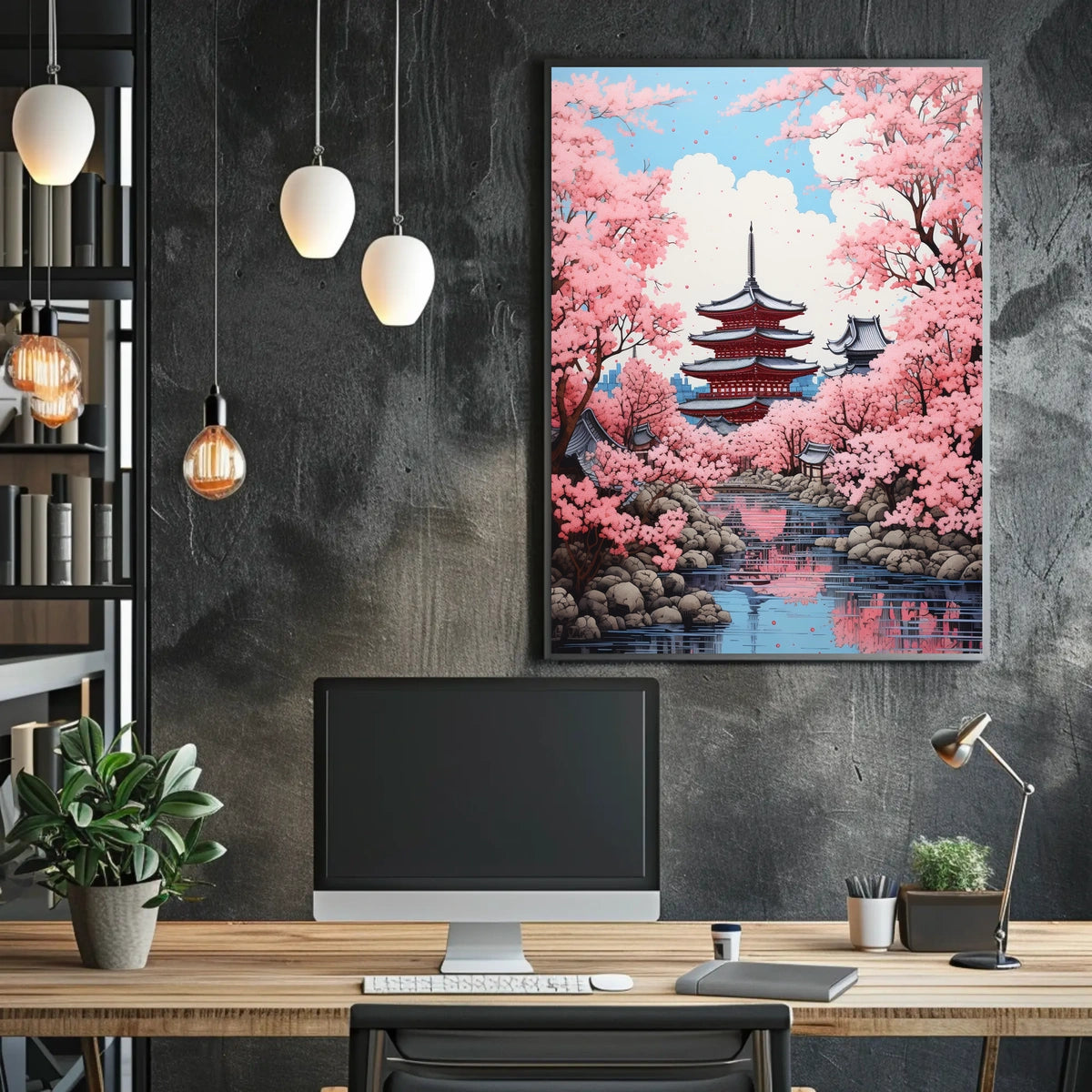 Japanese Pagoda with Cherry Blossoms Cultural Poster