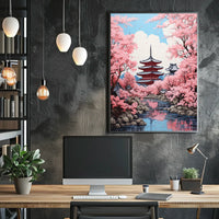 Japanese Pagoda with Cherry Blossoms Cultural Poster