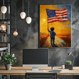 child holding a large American flag Poster