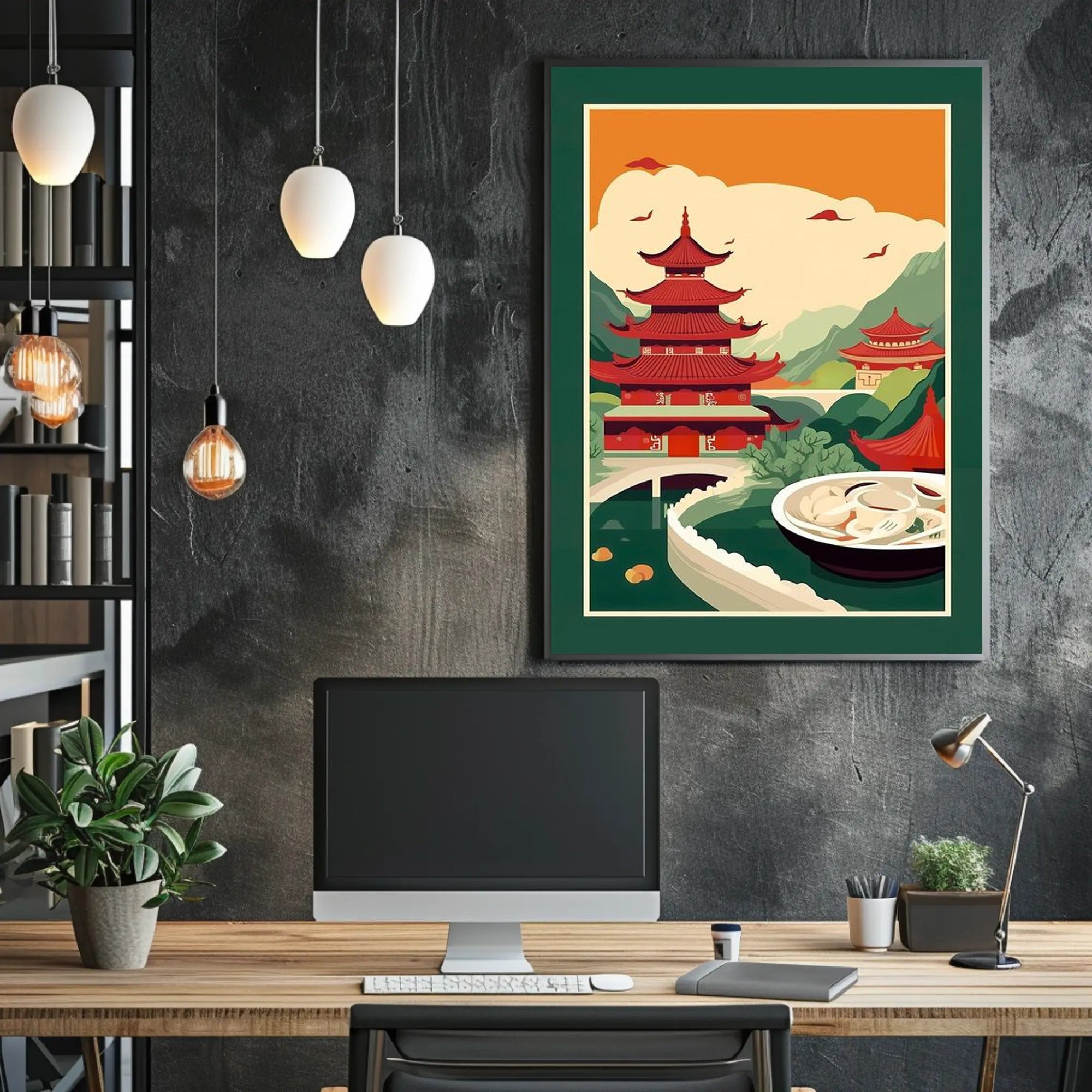 Title: Serene Asian Landscape with Culinary Fusion Poster