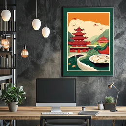 Title: Serene Asian Landscape with Culinary Fusion Poster