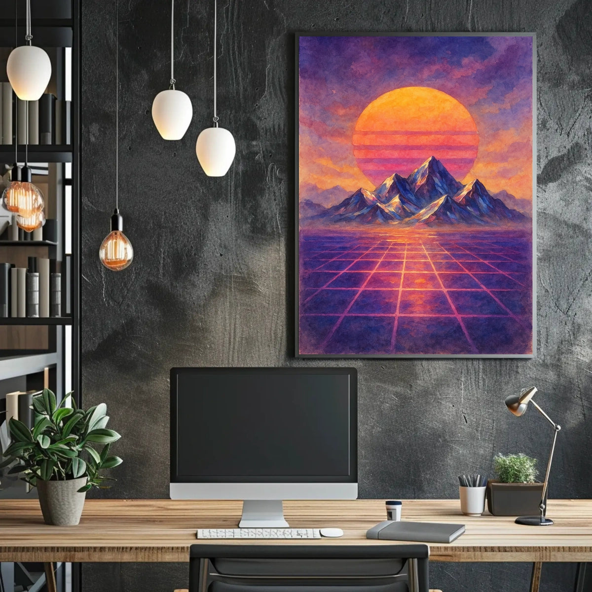 Vibrant Retro-Futuristic Sunset Over Mountains Futuristic Sci-Fi Poster