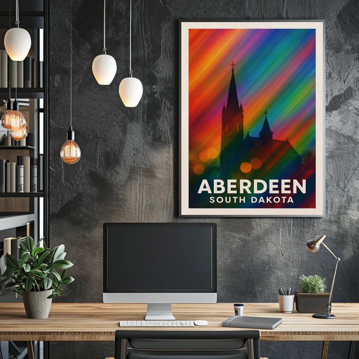Aberdeen Church Silhouette Rainbow Lights Digital Poster