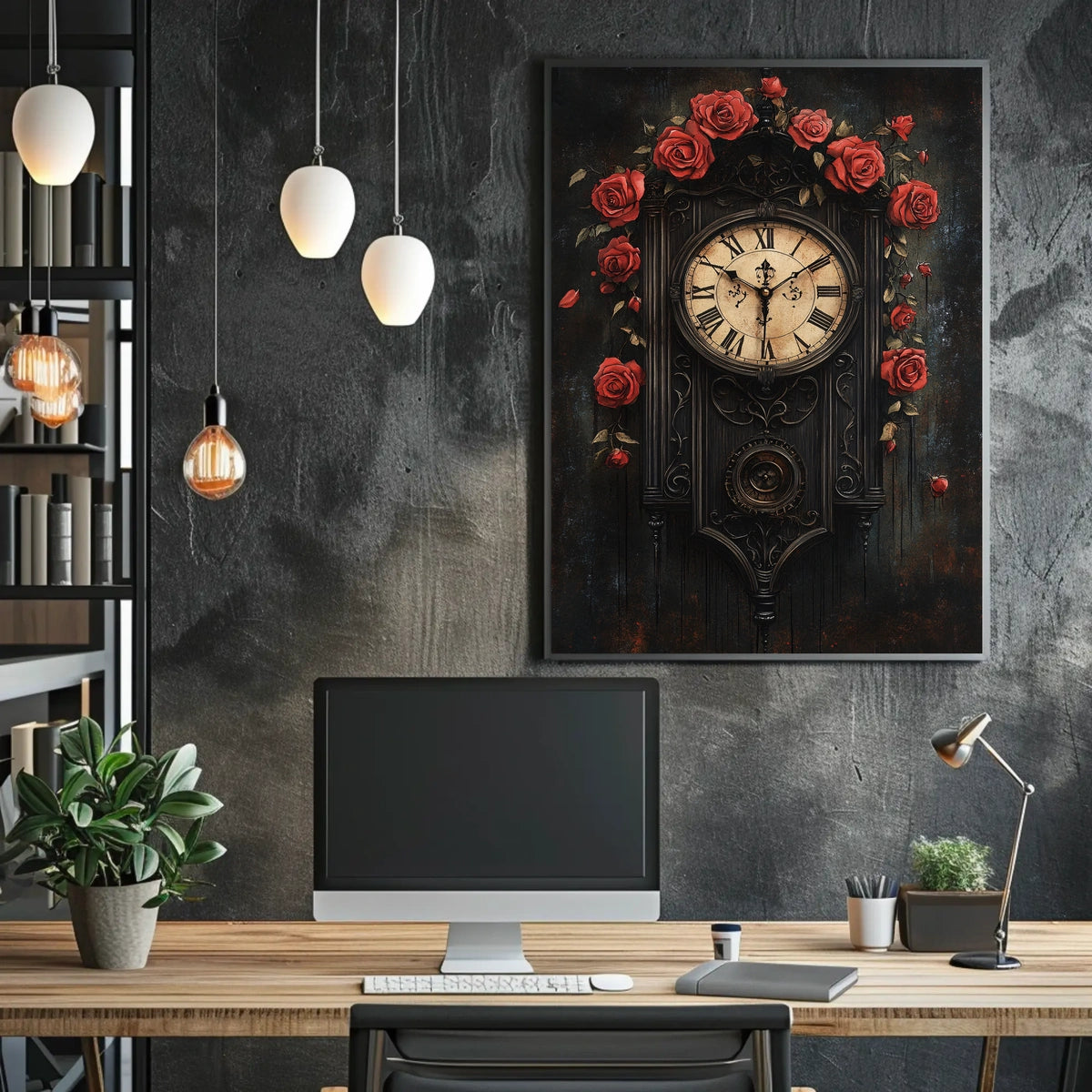 Vintage Wall Clock with Roses Artistic Poster