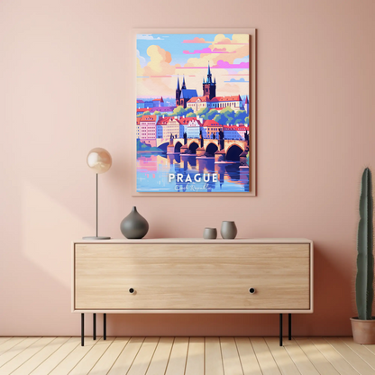 Prague City Bridge Sunset Travel Poster