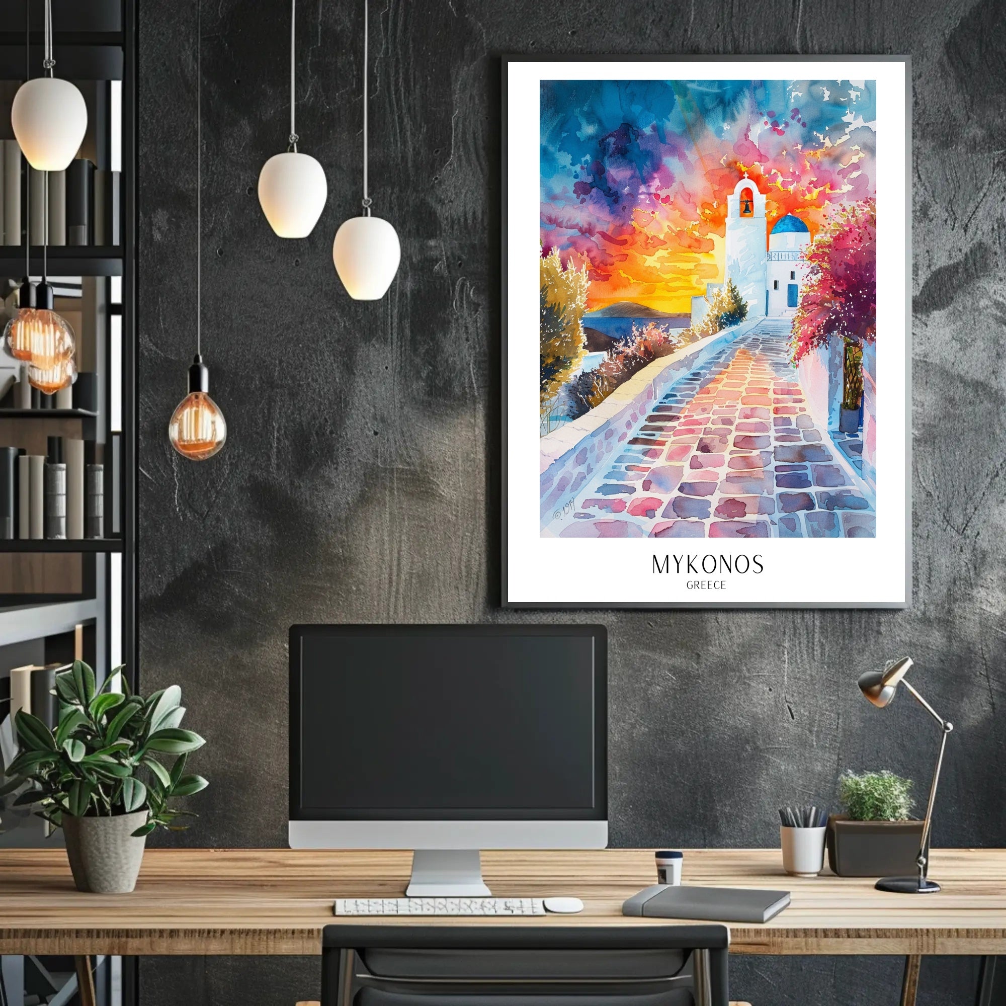 Mykonos Watercolor Dreamscape: Idyllic Travel Poster PosterGoat