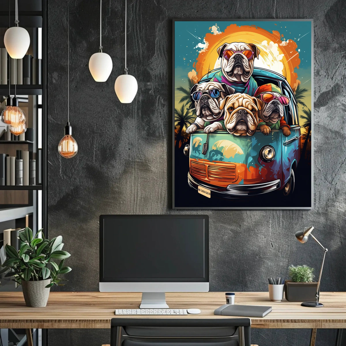 Whimsical Bulldogs in Retro Van Art Poster