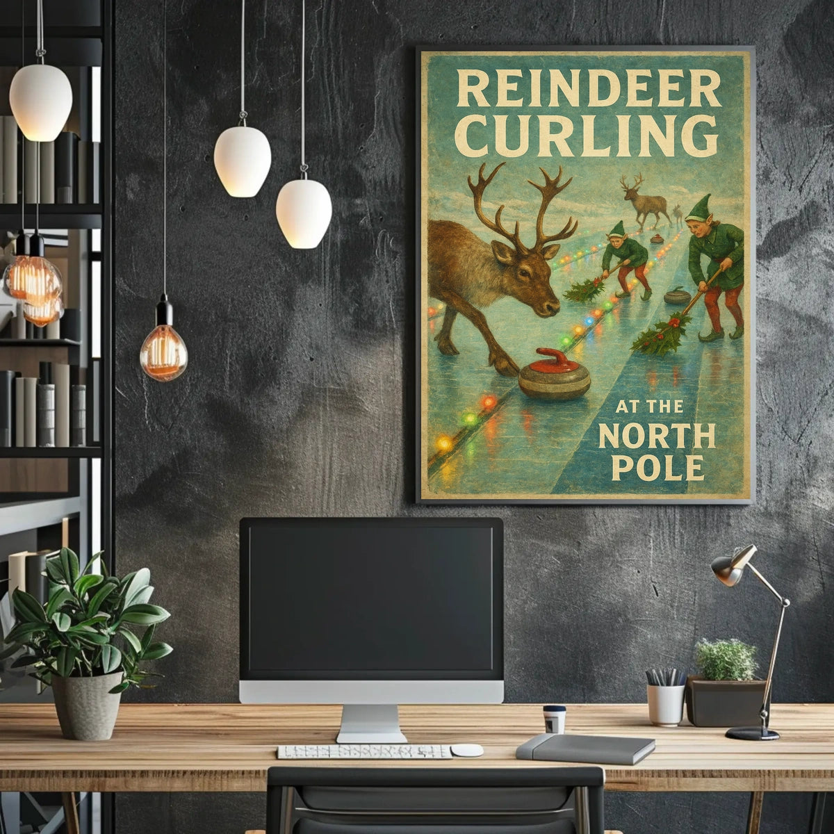 Reindeer Curling at the North Pole Poster
