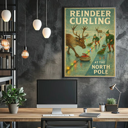 Reindeer Curling at the North Pole Poster