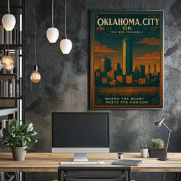 Oklahoma City Skyline Vintage Travel Poster Art