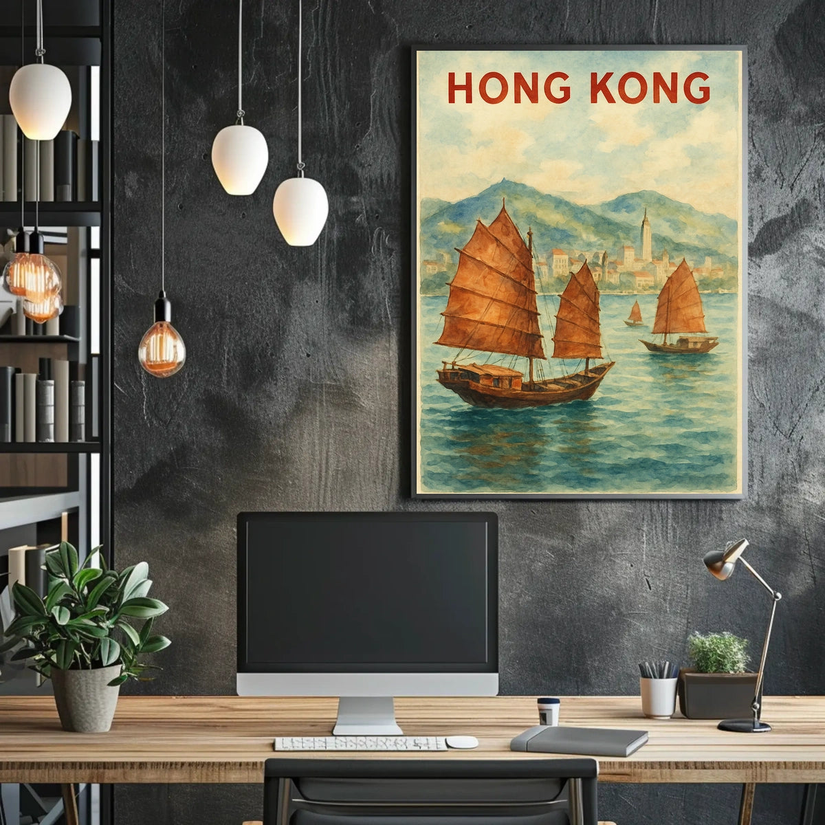 Hong Kong Harbor Watercolor Travel Poster