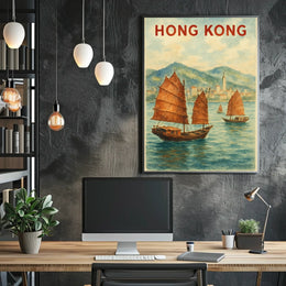 Hong Kong Harbor Watercolor Travel Poster