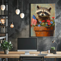 raccoon popping out of a large clay flowerpot Poster