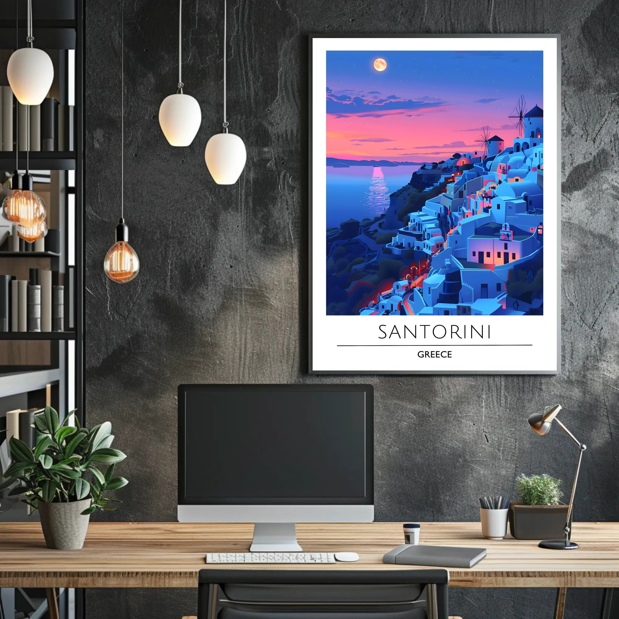 Santorini Sunset Travel Scene: Beautiful Mediterranean Landscape Poster