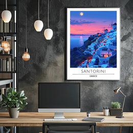 Santorini Sunset Travel Scene: Beautiful Mediterranean Landscape Poster