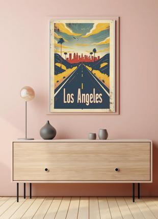 Los Angeles Desert Road City Skyline Sunset Travel Poster