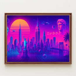 New York Neon City Skyline Dreamscape Poster Retro Wall Art