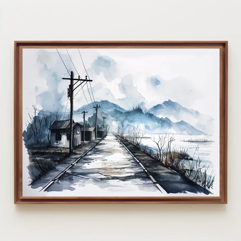 Serene Watercolor Rural Landscape with Misty Mountains