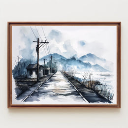 Serene Watercolor Rural Landscape with Misty Mountains