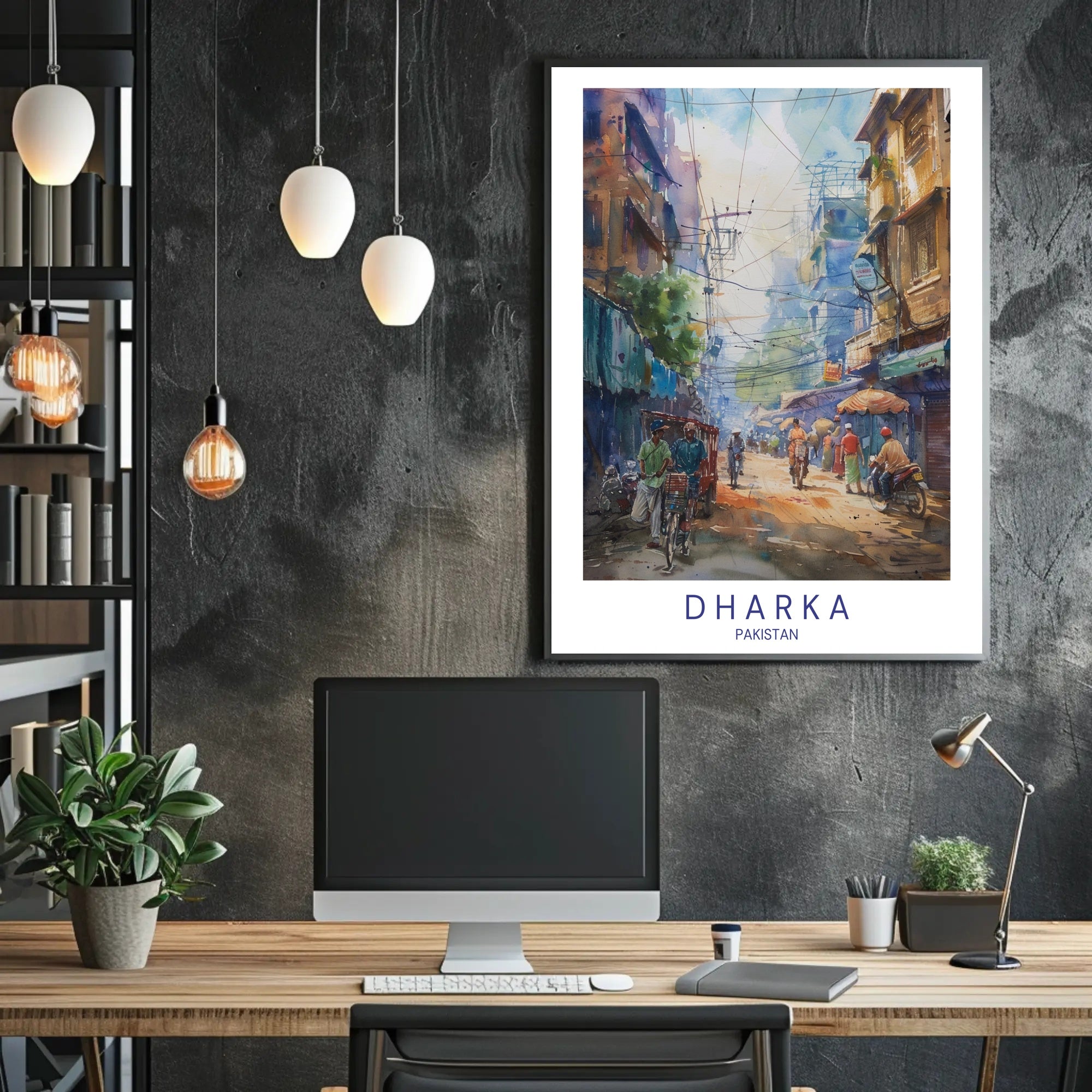 Vibrant Pakistani Urban Street Scene Watercolor Cityscape Poster PosterGoat