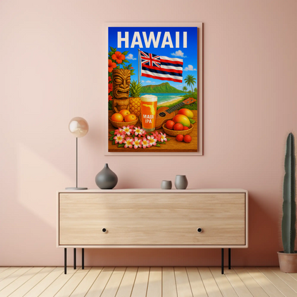 Hawaii Flag Fruits Tiki Beer Music Travel Poster