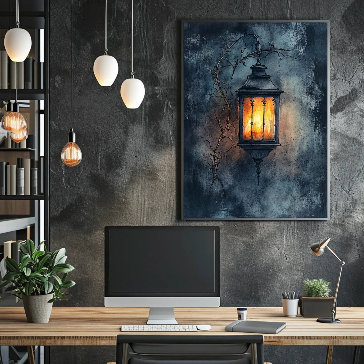 Rustic Lantern in Serene Nighttime Landscape Poster