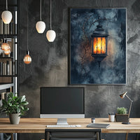 Rustic Lantern in Serene Nighttime Landscape Poster