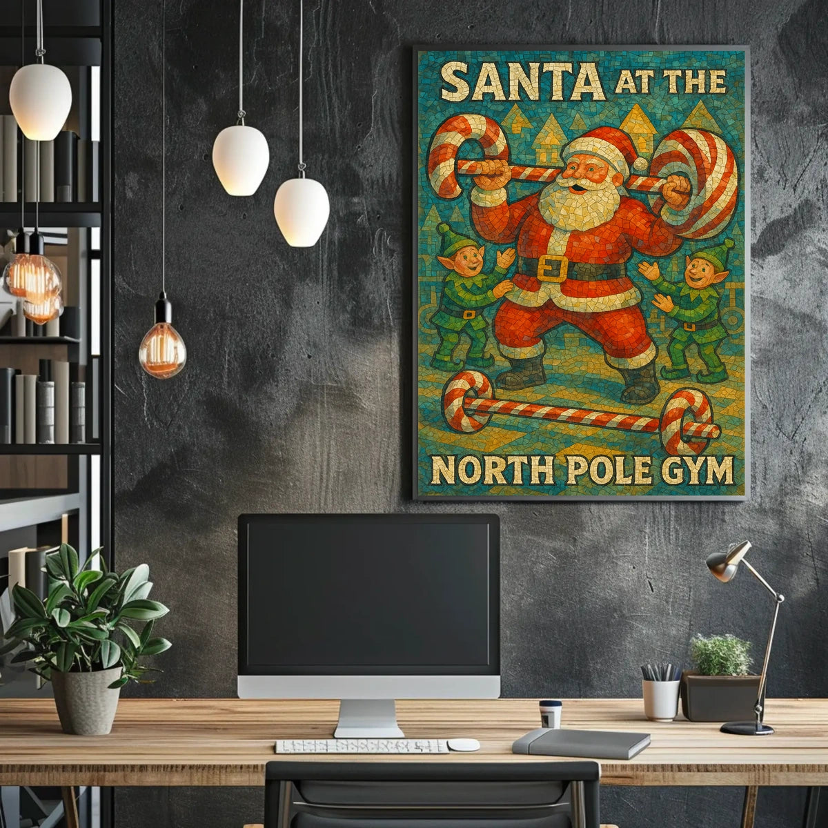 Santa Claus Lifting Candy Cane Barbell Poster