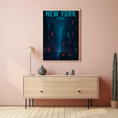 New York Cyberpunk Night Streets 2150 Vintage Travel Poster