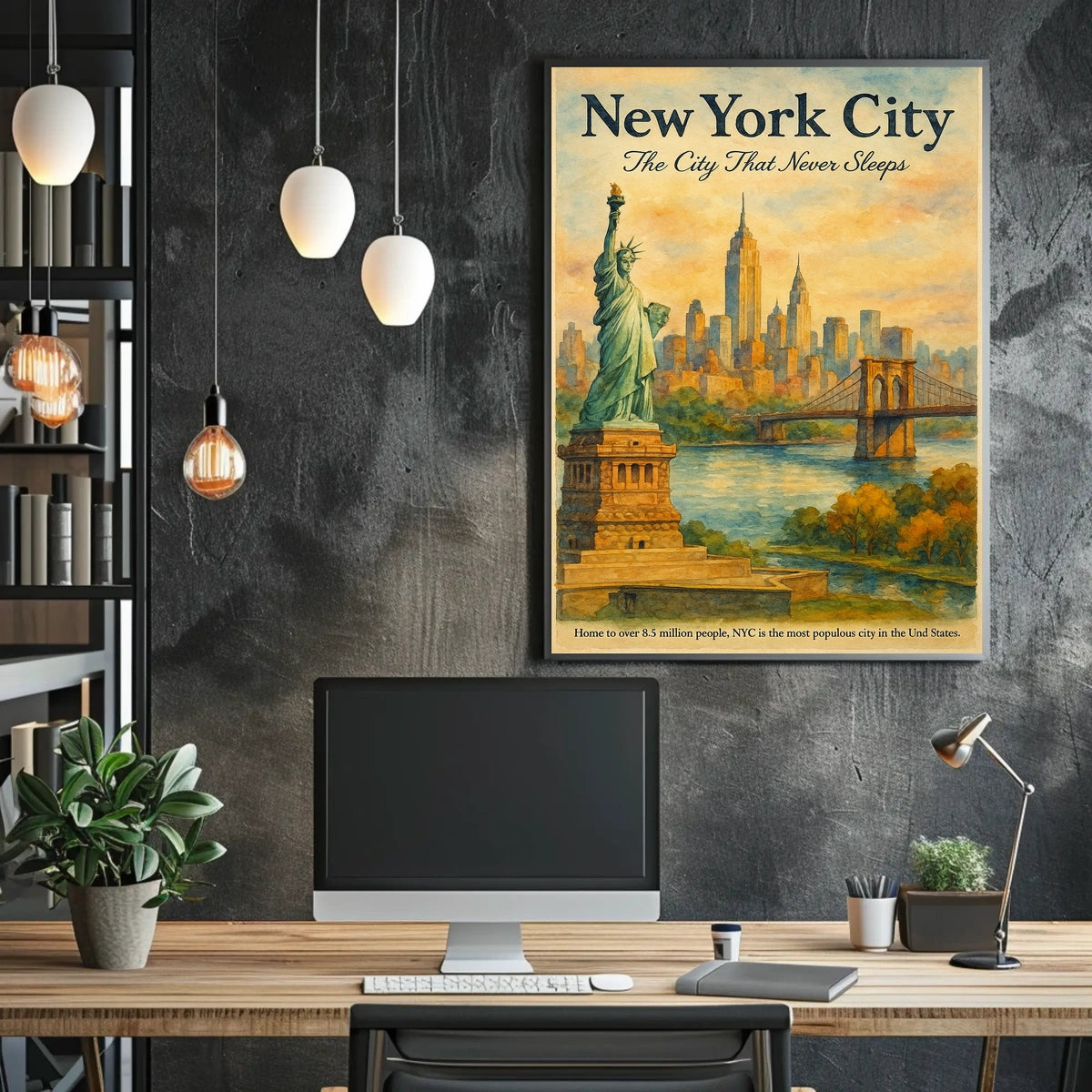 New York City Skyline Vintage Watercolor Art Poster