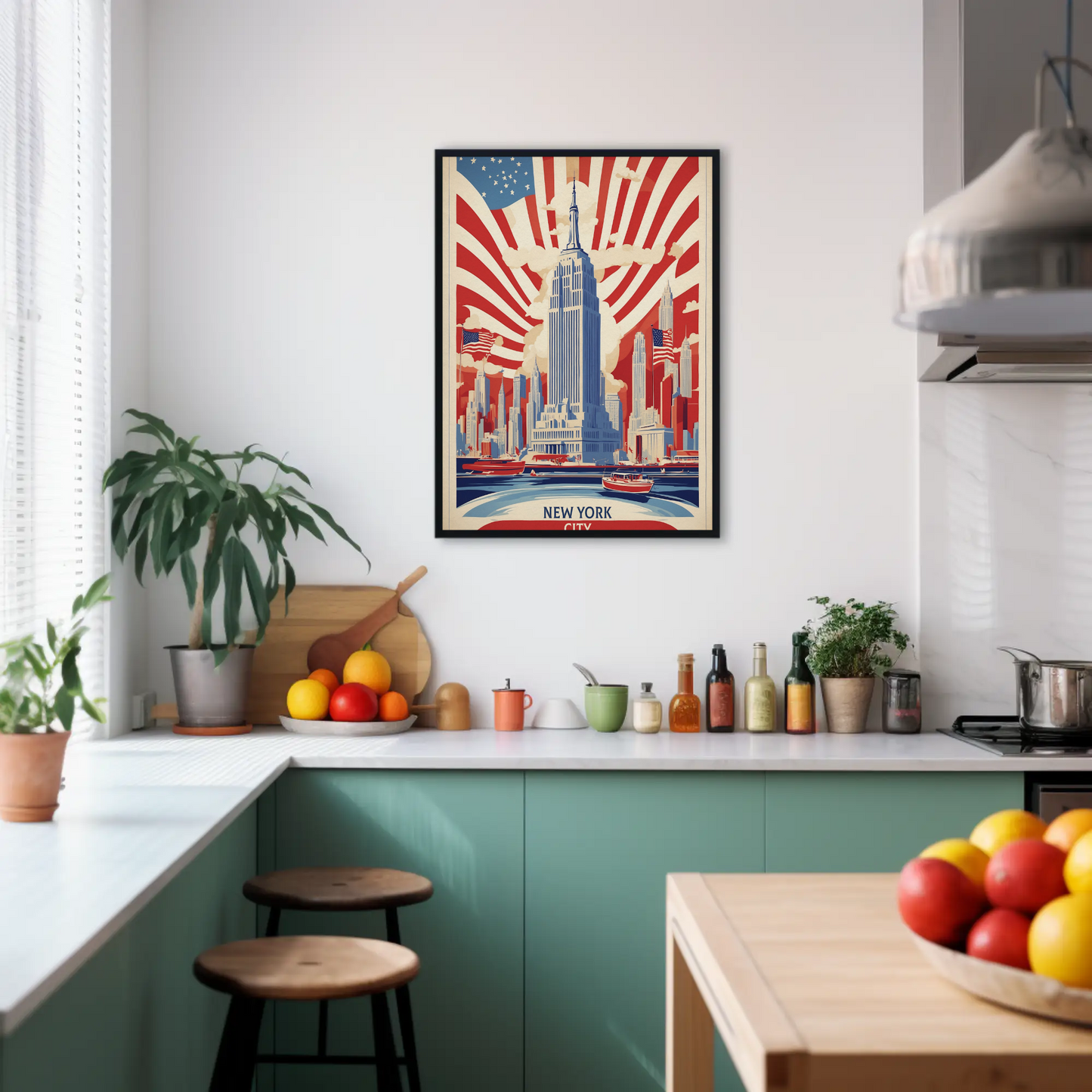New York Empire Skyline Flags Vintage Travel Poster