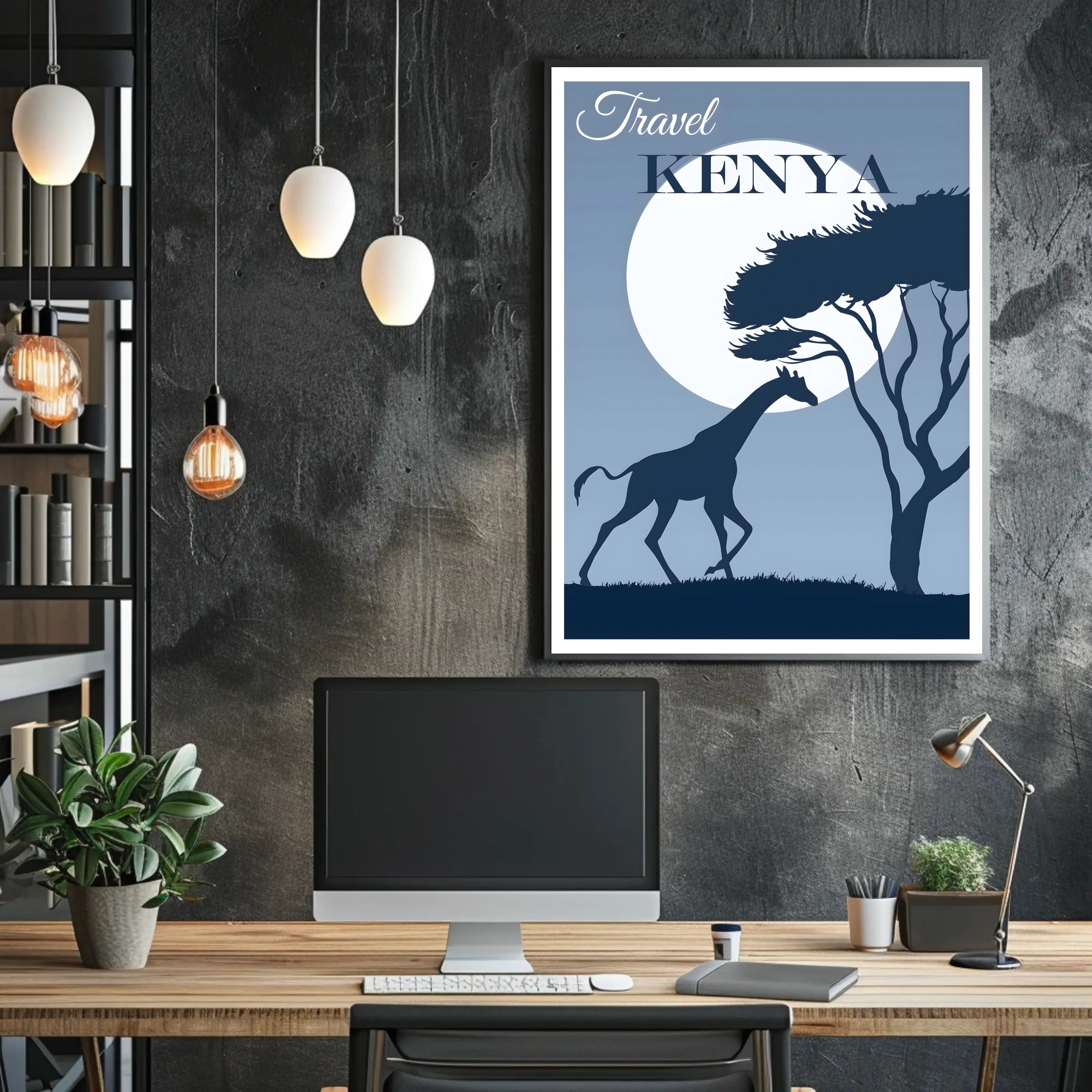 Kenya Sunset Silhouette: Giraffe at Moonrise Travel Poster