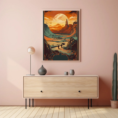 Sunset Over Distant Spires Fantasy Valley Travel Poster