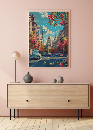 Madrid Spring Streetscape Flowers Cars Classic Travel Poster