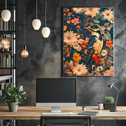Vibrant Woodpecker Floral Paradise Poster