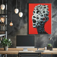 Surreal Faces Collage Poster: Red Background Art PosterGoat