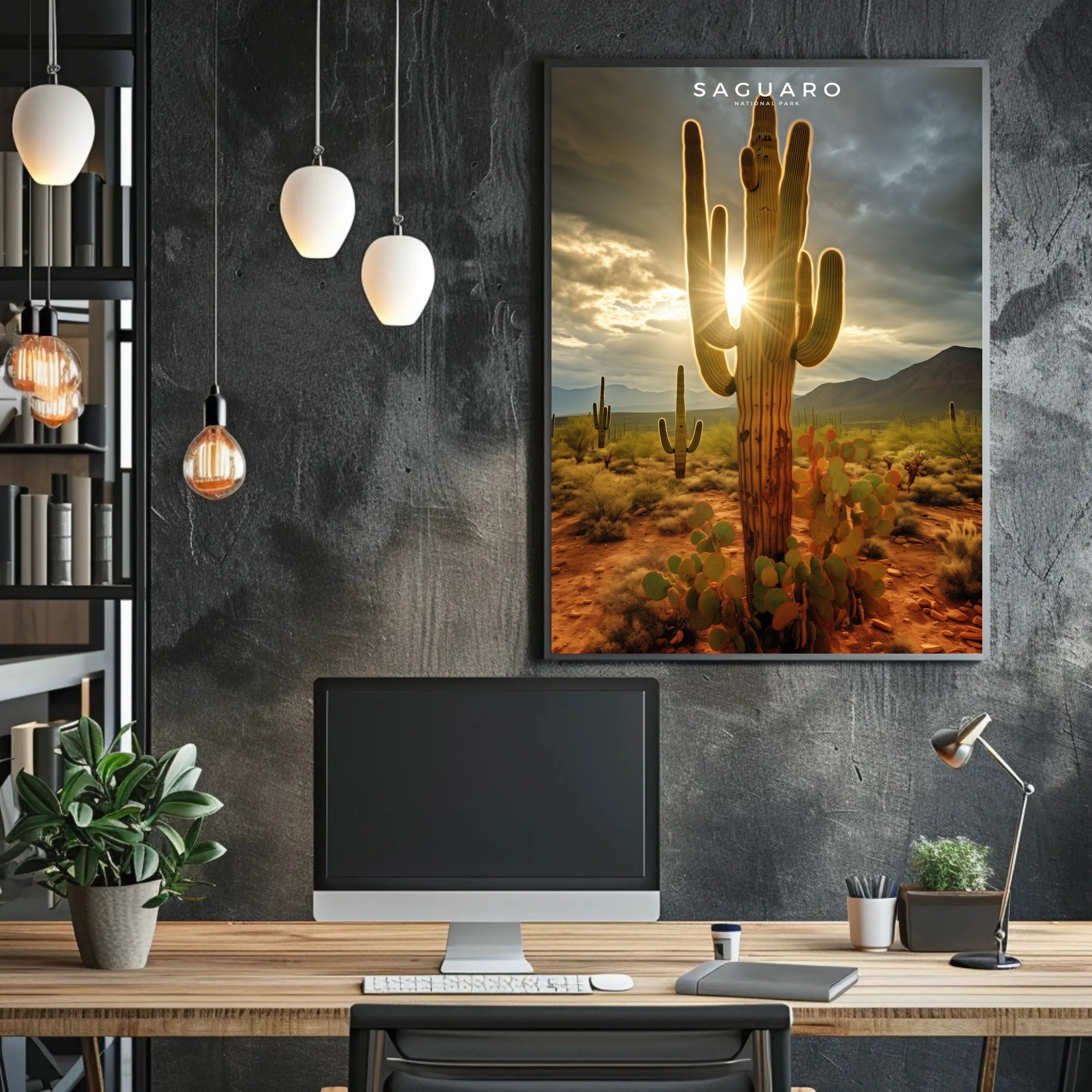 Saguaro Sunset Poster Vintage Desert Travel Print