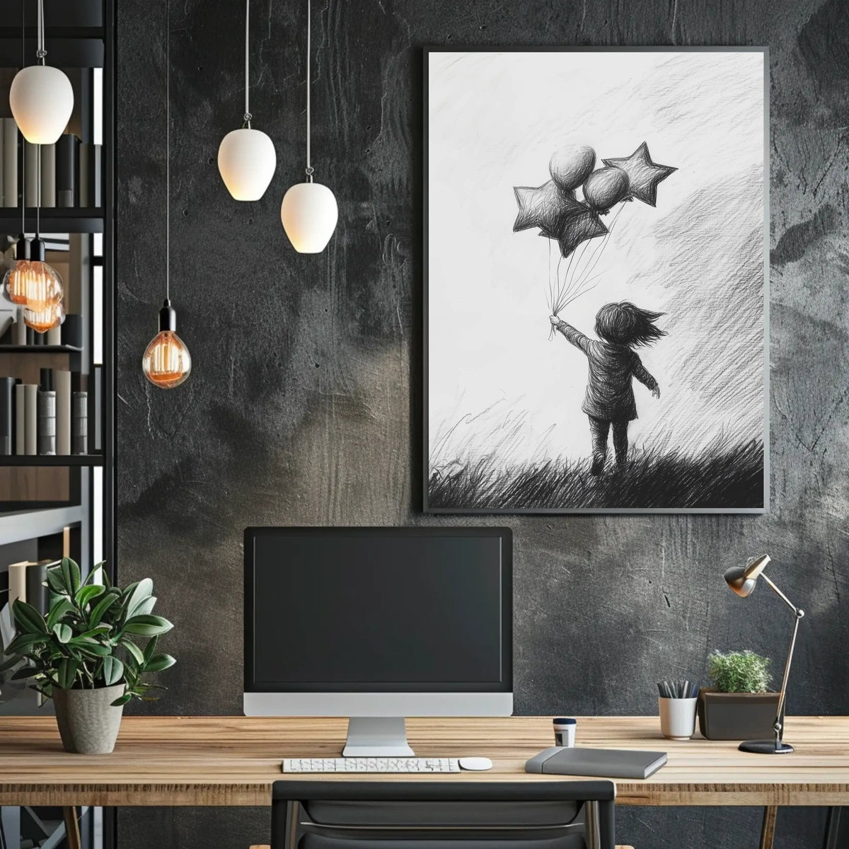 Monochrome Sketch Child Releasing Star Balloons Poster