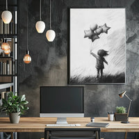 Monochrome Sketch Child Releasing Star Balloons Poster
