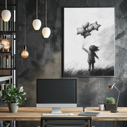 Monochrome Sketch Child Releasing Star Balloons Poster