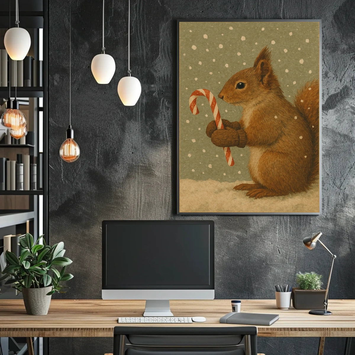 Winter Squirrel with Candy Cane Poster