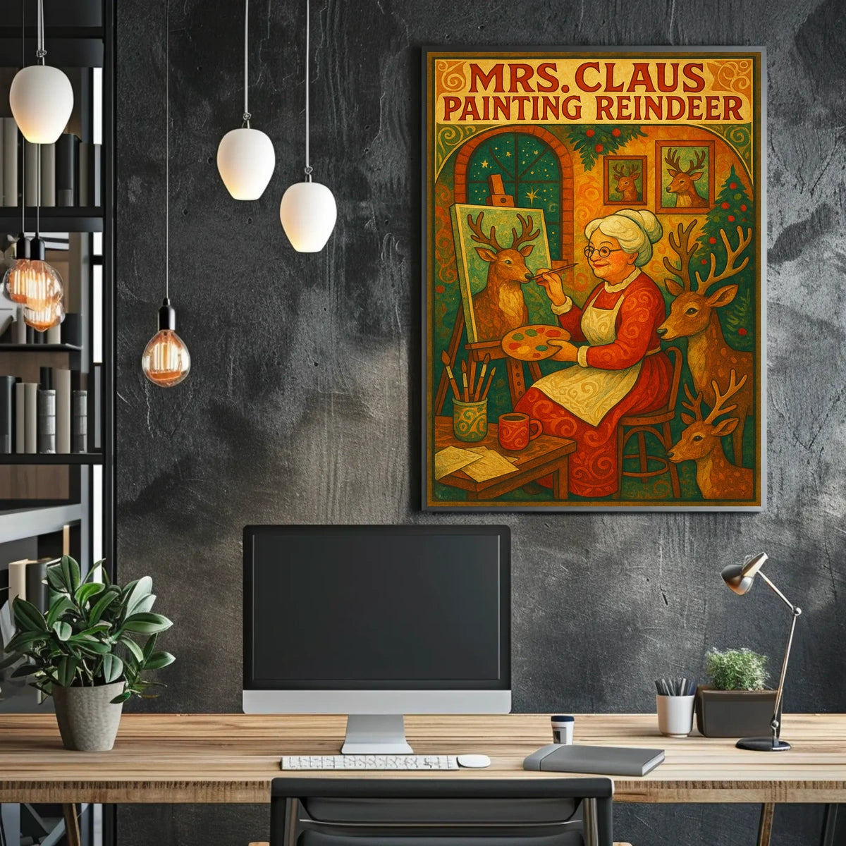 Mrs. Claus Painting Reindeer Poster