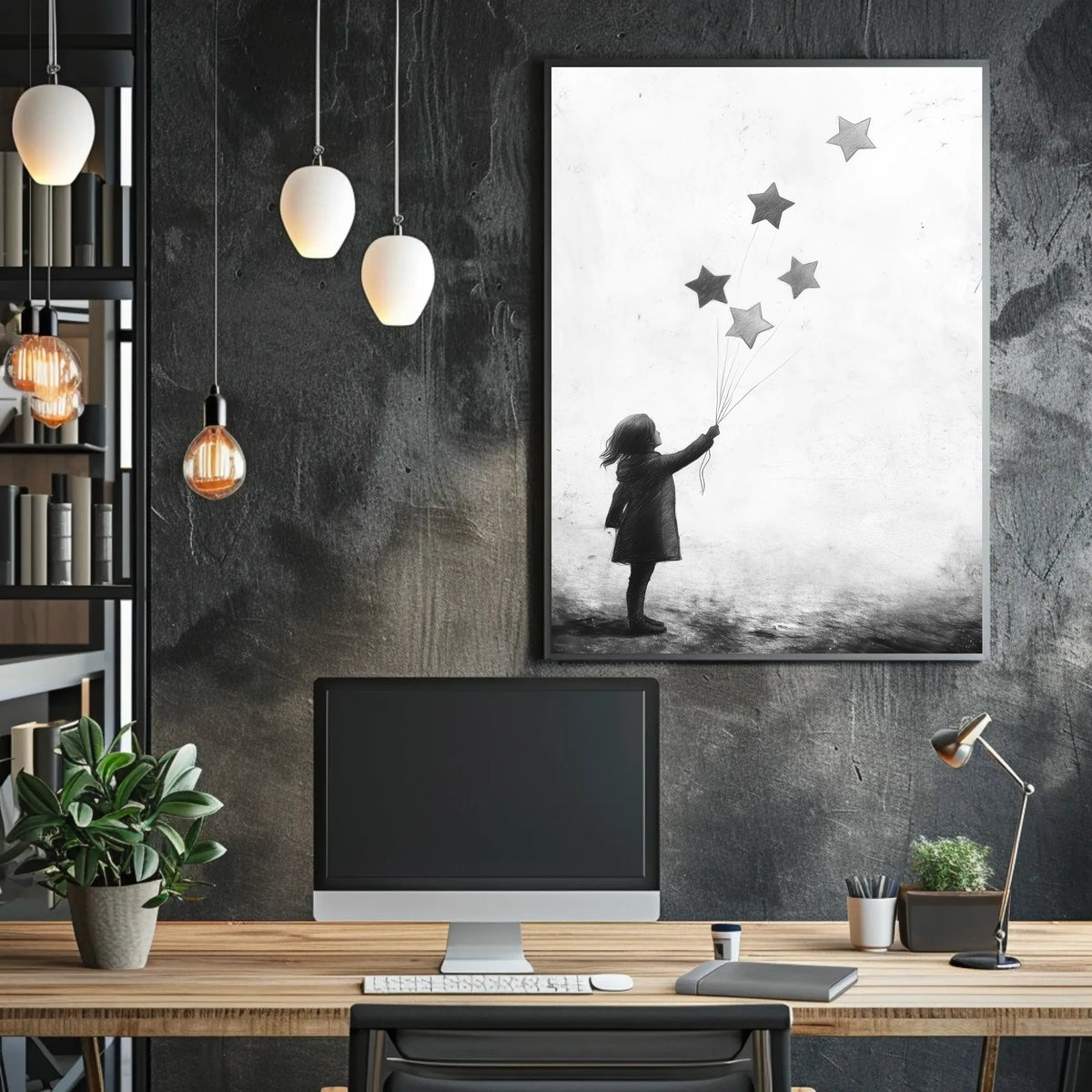 Child Releasing Star Balloons Silhouetted Artwork Poster