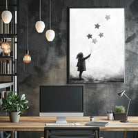 Child Releasing Star Balloons Silhouetted Artwork Poster