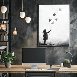 Child Releasing Star Balloons Silhouetted Artwork Poster