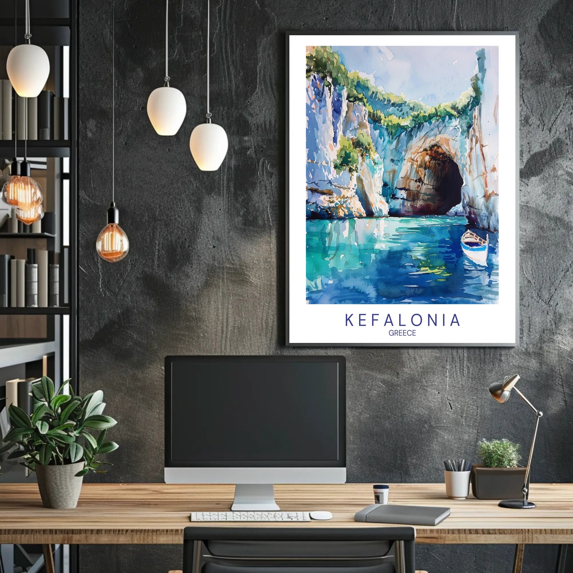 Vibrant Kefalonia Coastal Scene Watercolor - Travel Poster PosterGoat