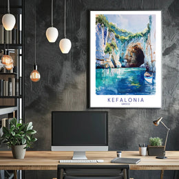 Vibrant Kefalonia Coastal Scene Watercolor - Travel Poster PosterGoat