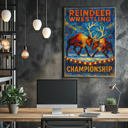 Reindeer Wrestling Championship Artistic Poster: Bold & Whimsical
