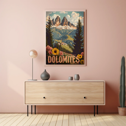 Dolomites Village Flower Meadow Travel Poster